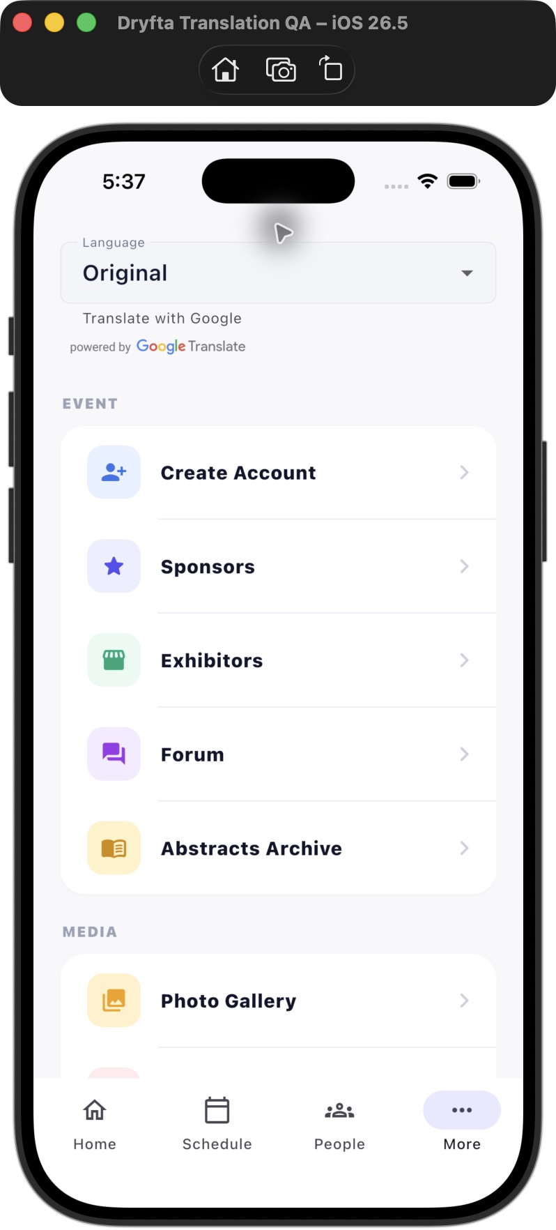 The Dryfta app language selector set to Original, with Google translation attribution.