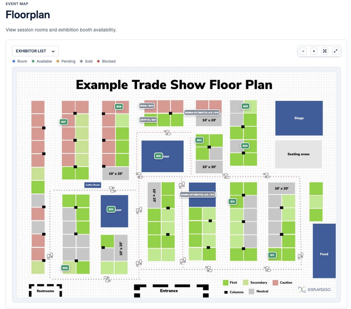 Published Dryfta demonstration floor plan with exhibitor labels, status legend and zoom controls.