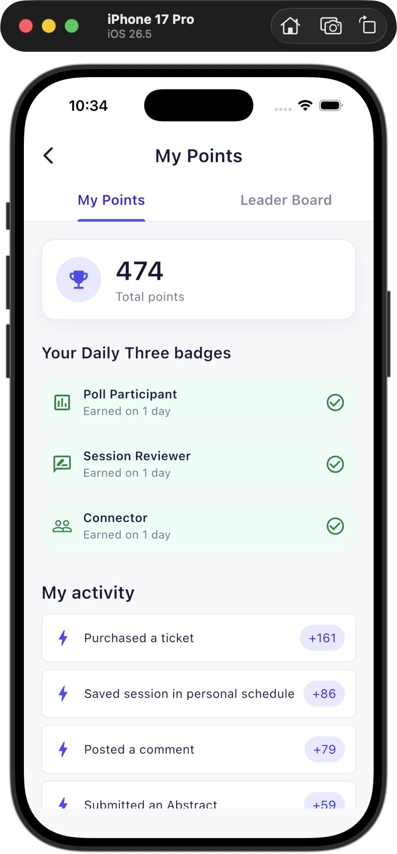 Dryfta My Points screen showing Poll Participant, Session Reviewer and Connector badges.