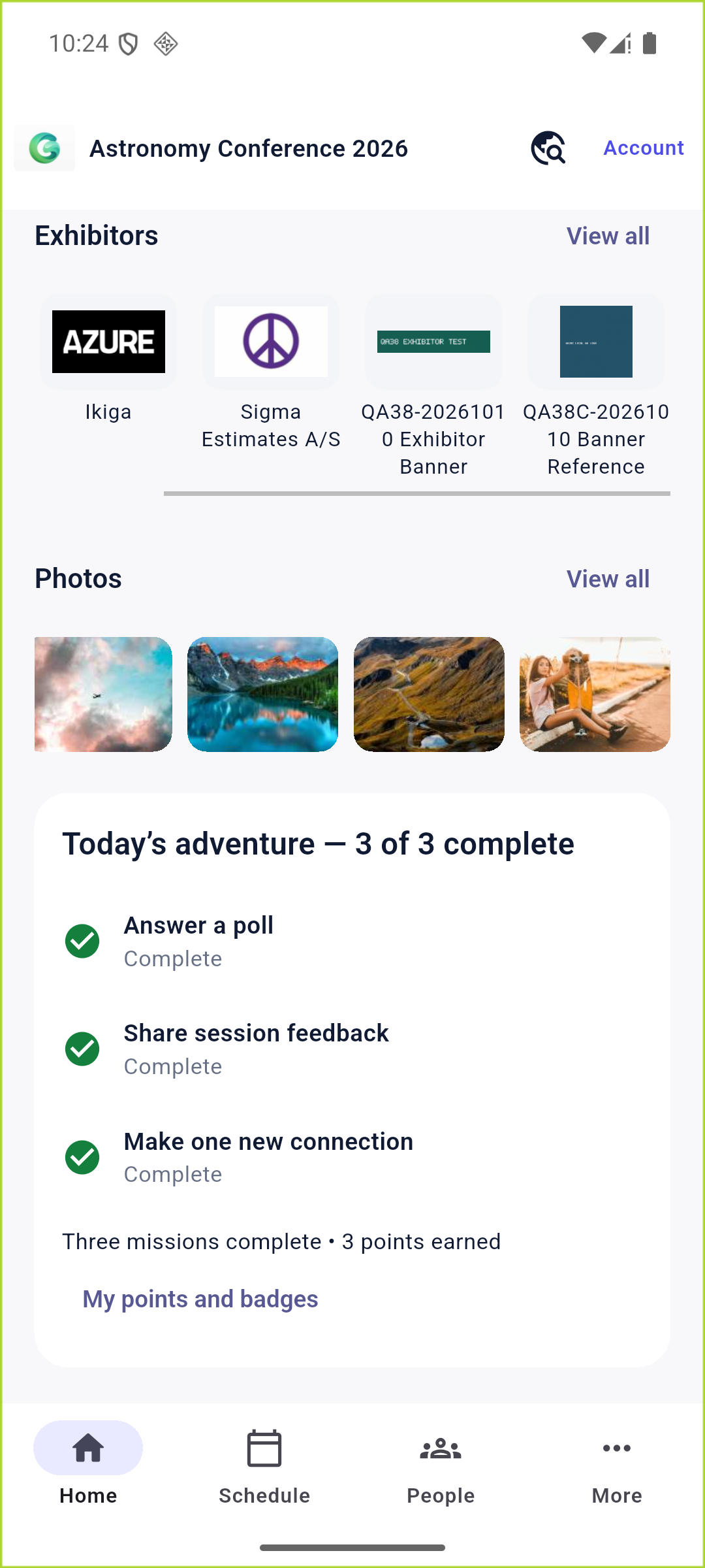 Dryfta Android event homepage showing all three daily missions complete and three points earned.
