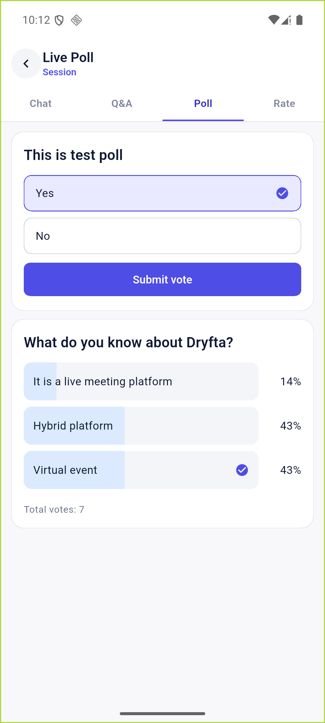 Dryfta Live Poll screen in a demonstration session, showing answer choices and the Submit vote button.
